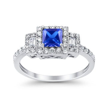Halo Wedding Ring Baguette Simulated Tanzanite CZ 925 Sterling Silver